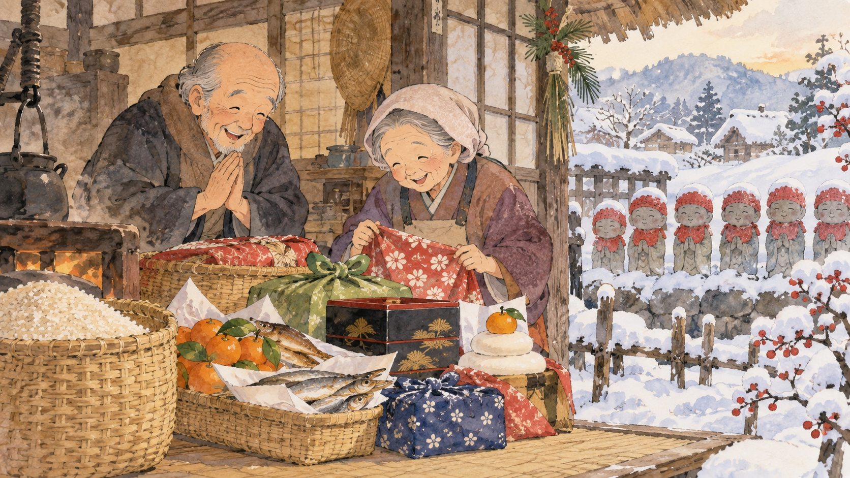 La coppia anziana trova i doni lasciati dai Jizo